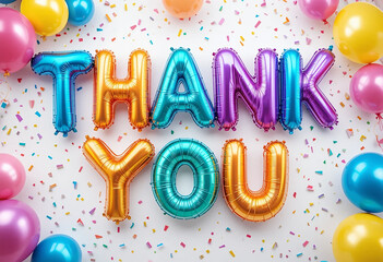 Colorful balloon letters, "Thank you" text#