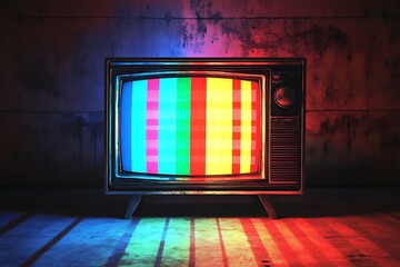 Vintage television displaying colorful test pattern