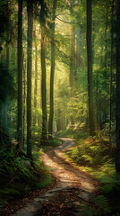 Obraz premium Serene Forest with Morning Sunlight: A Peaceful Haven for Mindfulness and Relaxation
