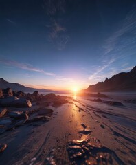 Fototapeta premium Ethereal light streaks against a deep blue sky at dusk, serene, horizon, sunset