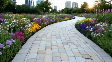 Obraz premium City park path winding through vibrant flowers at sunset