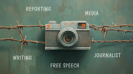 Camera with barbed wire, world press freedom day, censorship, free speech and journalism, censored media, discrimination of opinion