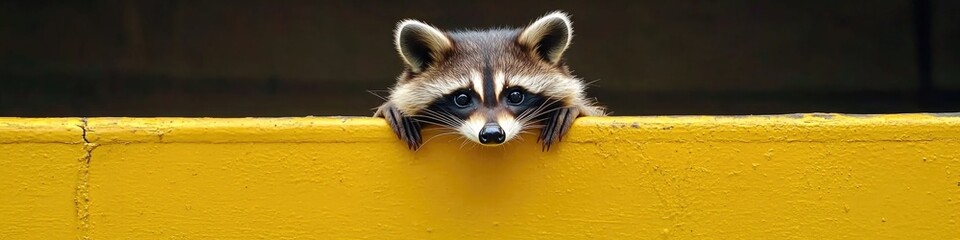 Obraz premium A curious raccoon looking out from behind a bright yellow wall