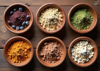 wooden table showcases various superfood powders bowls arranged flat visually appealing