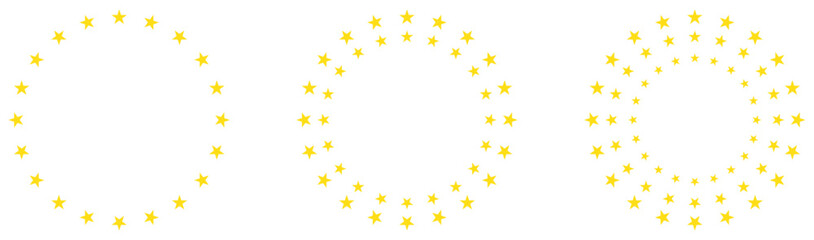 Stars in circle icon vector. Europe stars signs collection. Schengen eurozone icon. Yellow star circle pattern with varying densities, abstract geometric star frame, symmetrical starburst design.