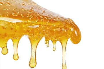 A single drop of honey falls from a spoon onto a surface