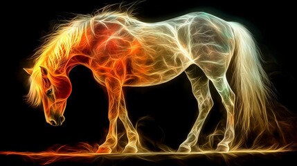 Fiery Horse Abstract Art - Abstract image of a horse  in fiery, luminous colors against a black background.  A mystical and powerful equine image.