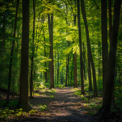 Obraz premium Serene Forest with Morning Sunlight: A Peaceful Haven for Mindfulness and Relaxation