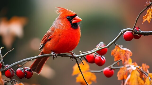 Northern cardinal perching on branch with red berries in autumn - Powered by Adobe