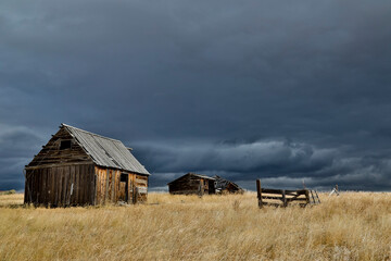 Obraz premium USA, Idaho, Liberty. Highway 36 with passing storm and old wooden barn