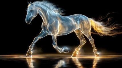 Ethereal Stallion: Artistic Equine Photography - Symbolizing freedom, grace, power, energy, and serenity. A luminous horse in motion, reflected in still water.