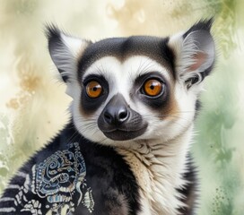 Fototapeta premium Expressive watercolor artwork of lemur with intricate patterns, wildlife conservation, creative design, lush foliage