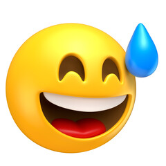 Laughing Emoji with Sweat Drop in 3D Render with transparent background