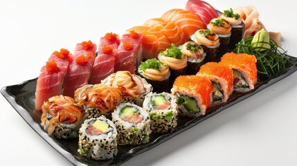 Detailed close-up of sushi varieties like dragon rolls, spicy tuna, and cucumber maki on a glossy black plate, set against a bright white background
