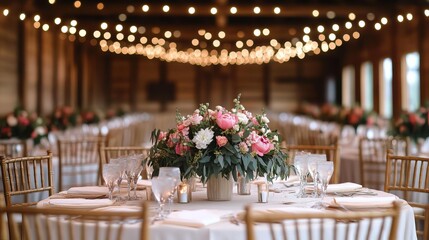 Barn wedding reception setup with string lights and floral table centerpieces