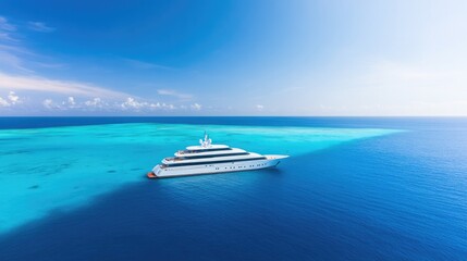 vibrant drone shot of luxury yacht surrounded by coral reef with water transitioning into vibrant shades of blue