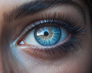 Obraz premium A hyper-detailed close-up of a blue eye with intricate iris patterns and sharp eyelashes, reflecting depth and emotion. Generative AI