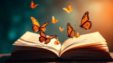 stock photo Strong, hard light casts harsh shadows on an open book with fluttering pages and orange and black butterflies. 