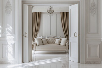 Chic and elegant classic sofa with decorative pillows in a modern home interior, offering a sophisticated and cozy living space.

