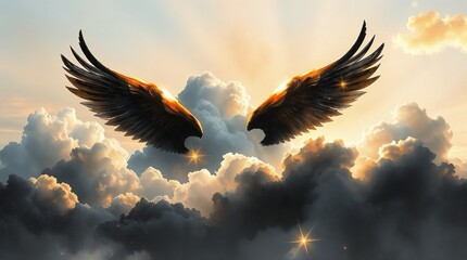 Obraz premium Majestic angel wings emerging through clouds in a dramatic sky with golden light