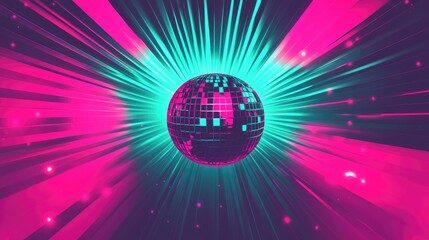 Disco ball spinning, vibrant neon light trails, dark background, party atmosphere, event promotion