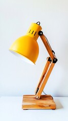 Yellow desk lamp, wooden base, bright room, home office