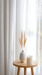 Elegant interior scene with soft sheer curtains and minimalist decor ideal for relaxation theme