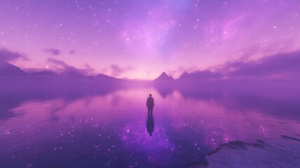 A Lone Figure on a Purple Lake - A solitary figure stands on a still, purple lake under a vibrant, starlit sky.  The image symbolizes solitude, reflection, peace, hope, and a journey.