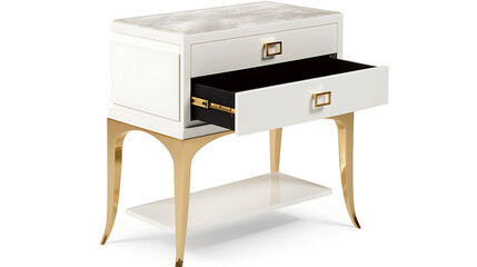 A white nightstand with a black drawer and gold legs