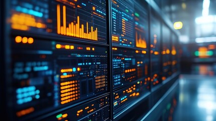 High-tech data center with illuminated server panels displaying analytics and graphs