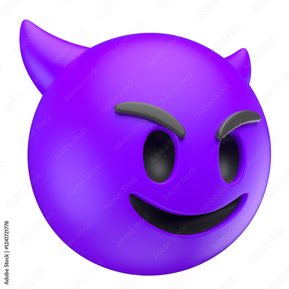 Wall mural purple smiling devil emoji with horns in 3d render with transparent background