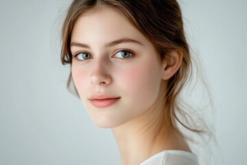 Naklejka premium A beautiful young woman poses for a photo, showcasing her striking blue eyes