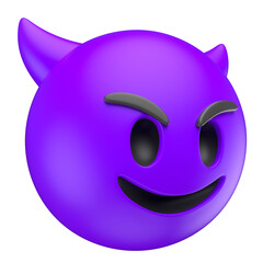 Purple Smiling Devil Emoji with Horns in 3D Render with transparent background