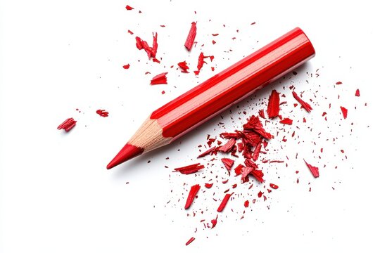 Red pencil tip shavings from sharpener isolated on white background
