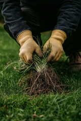 Gardener pulling out a weed from a well-maintained lawn Generative AI