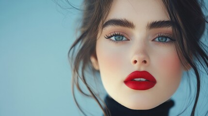 Fototapeta premium Young Woman With Red Lips and Windblown Hair