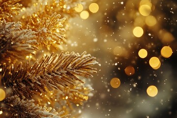 A detailed view of a decorated Christmas tree with twinkling lights in the background
