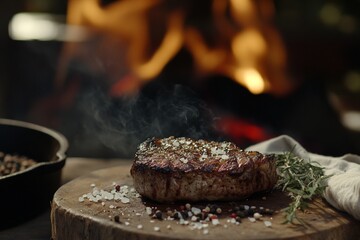 Grilled steak on wooden board with rosemary and pepper by open fire.