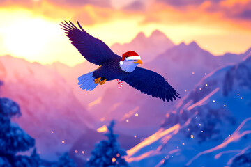 Merry Christmas concept holiday card - Soaring eagle with a Santa hat, holding a candy cane in its talons, gliding over a snowy mountain landscape on a twilight background