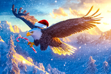 Merry Christmas concept holiday card - Soaring eagle with a Santa hat, holding a candy cane in its talons, gliding over a snowy mountain landscape on a twilight background