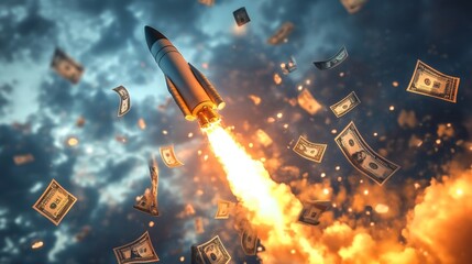 Naklejka premium Financial Rocket Launch - A rocket blasts off, surrounded by falling money, symbolizing rapid financial growth and success.