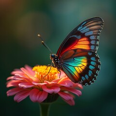 Beautiful colorful butterfly sitting on a flower. Close up, side view.