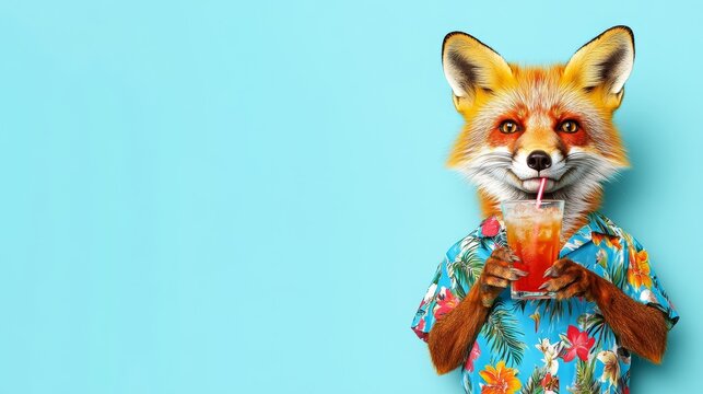 Fox in Hawaiian Shirt Enjoying a Cocktail - A playful fox, wearing a vibrant Hawaiian shirt, enjoys a refreshing cocktail.  Symbolizing summer, fun, relaxation, escapism, and tropical vibes.