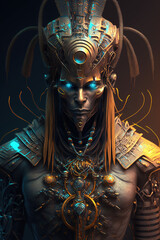 Egyptian sun god Ra in cyberpunk style