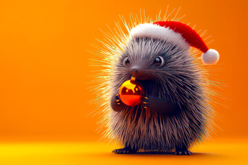 Merry Christmas concept holiday card - Spiky porcupine wearing a Santa hat and holding a tiny holiday ornament in its paws, on a cozy orange background – unique, 3D holiday illustration.