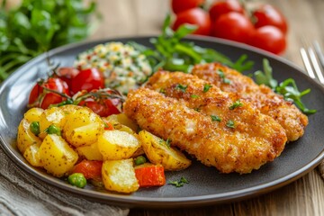 Delicious risoles served with potato and vegetable in a plate.