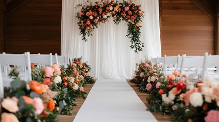 Elegant floral aisle leading to a beautifully draped ceremony arch