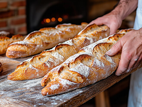 Artisan Baker Shaping Baguettes on a Rustic Wooden Table