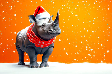 Merry Christmas concept holiday card - Strong rhinoceros with a Santa hat and a festive red scarf, standing in a snowy savanna with a warm orange background – powerful, 3D holiday illustration.