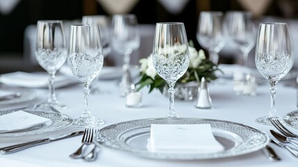 Elegant wedding reception with crystal tableware and intricate details